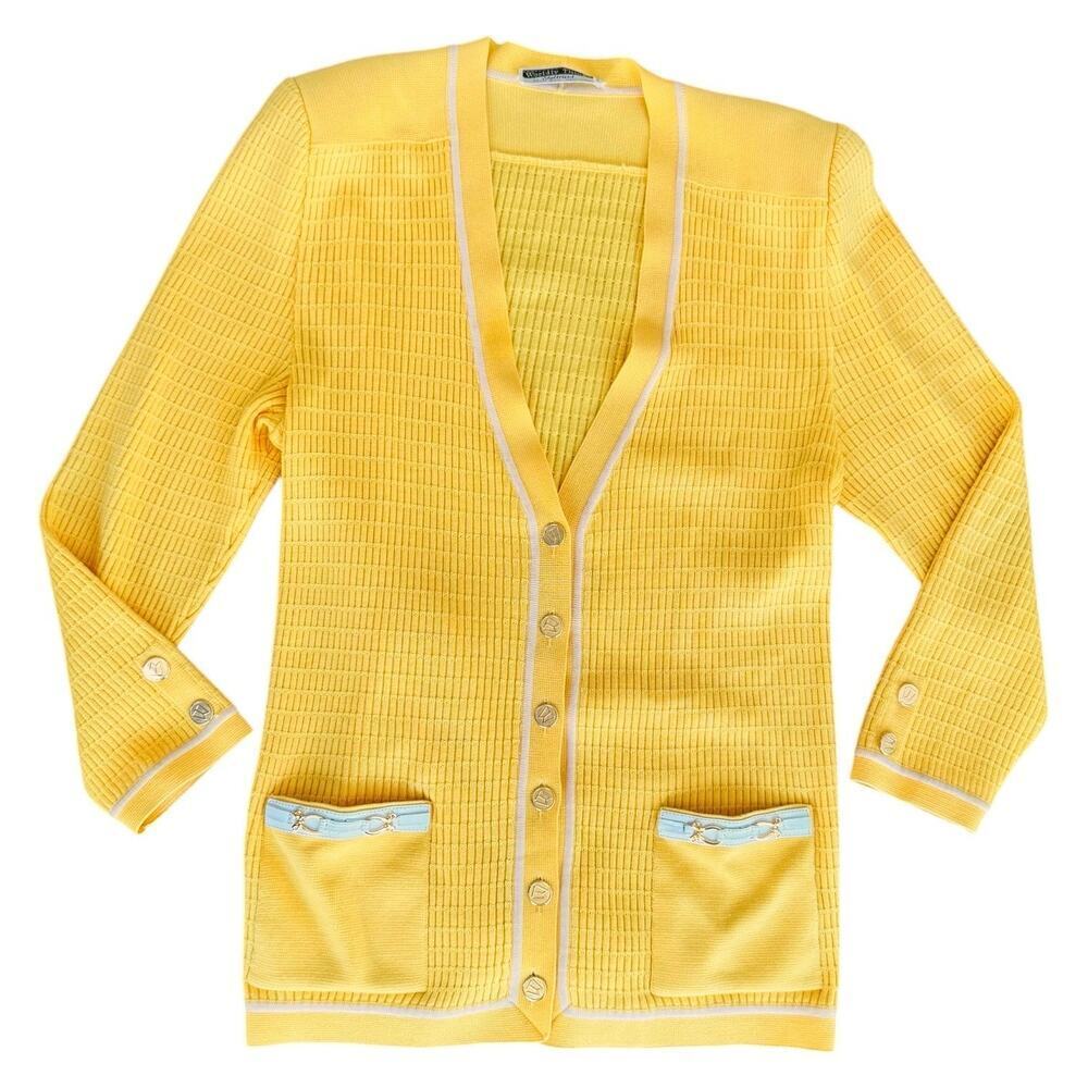 VTG Worldly Things Styltricot Yellow Textured Wool Cardigan Sweater Large READ